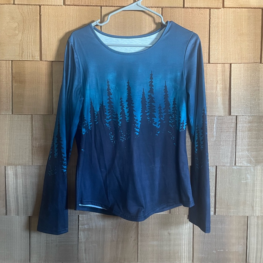 Blue Ombre Forest Print Long Sleeve Top